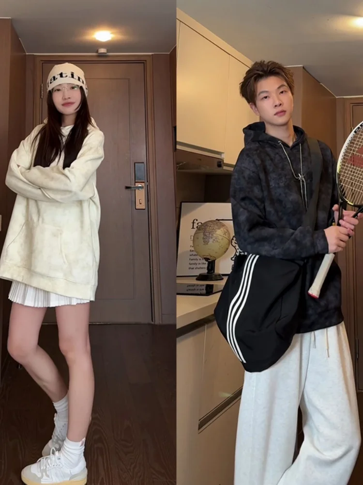 

Плотная толстовка для пар в американском ретро-стиле, осенне-зимняя, с эффектом окрашивания, повседневная, свободного кроя, с капюшоном, уличная одежда, полиэстер