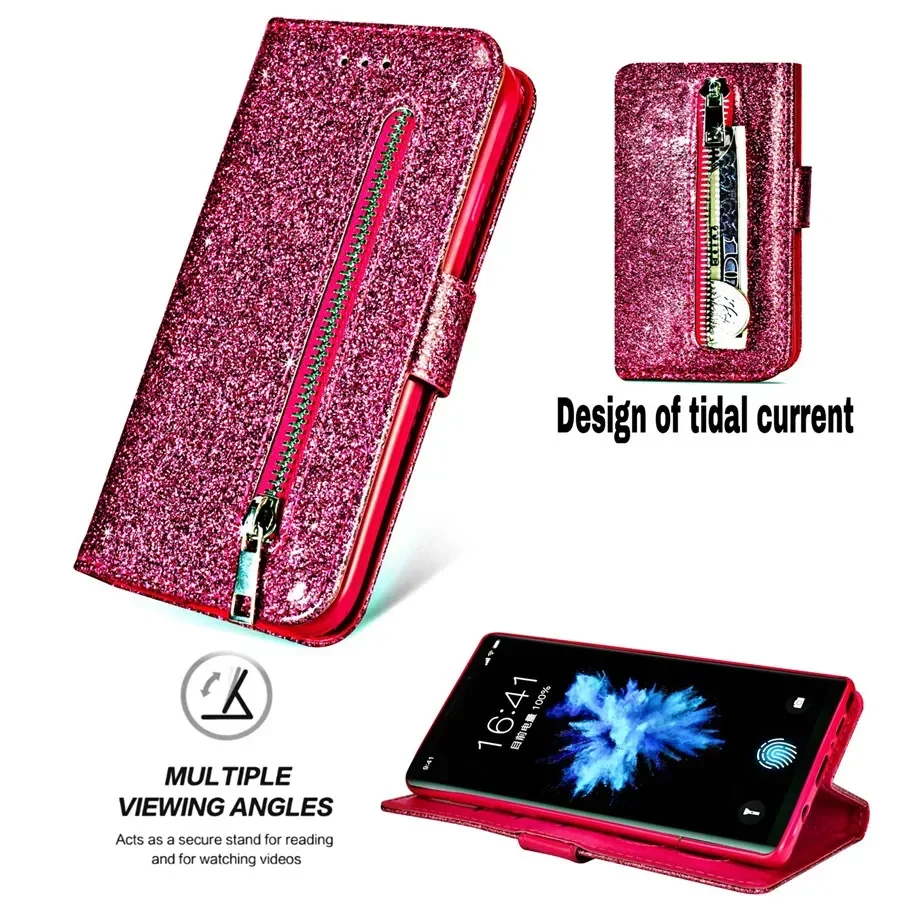 Wallet Bling Glitter Magnetic Flip Zipper Leather Case For Samsung Galaxy S24 Ultra S23 S22 Plus S21 S20 FE S10 S9 Note 20 10 9