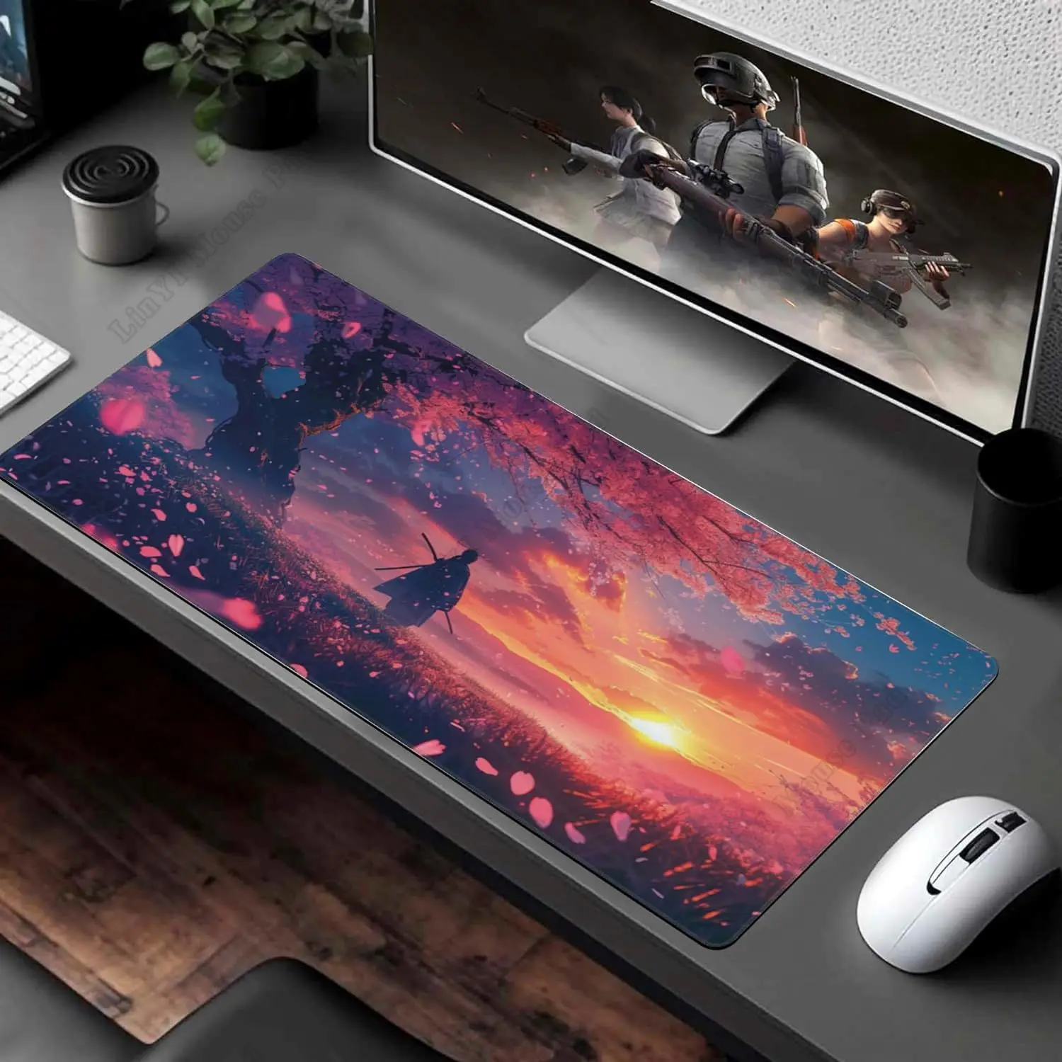 Samurai and Cherry Blossoms Large Large Gaming Mouse Pad  with Non-Slip Rubber Base Stitched Edges for Home Office 35.4X15.7 In