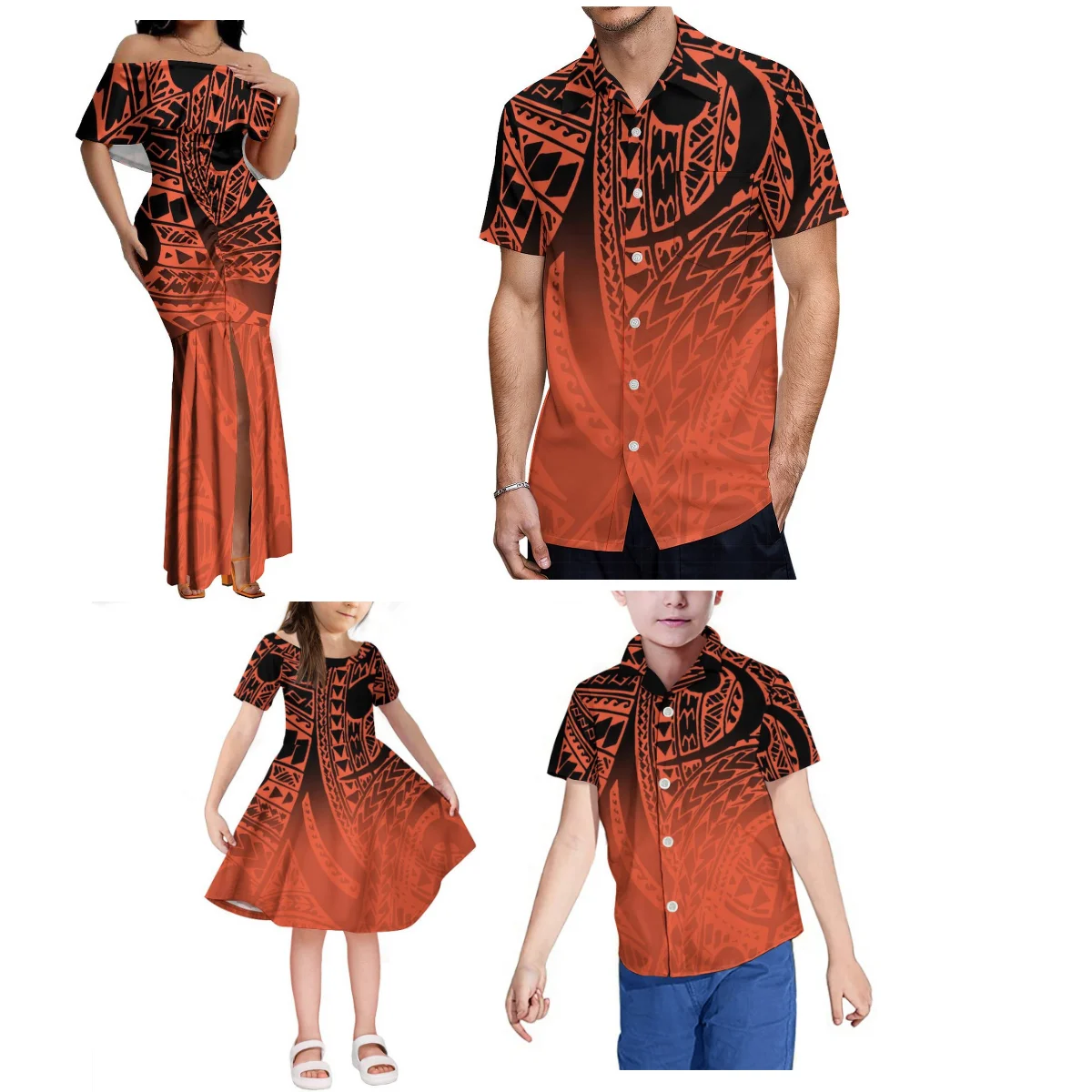 Samoa Midi Party Family Set Eleganckie sukienki o długości do podłogi dla kobiet i koszule dla mężczyzn dla dziewczynek i topy dla chłopców