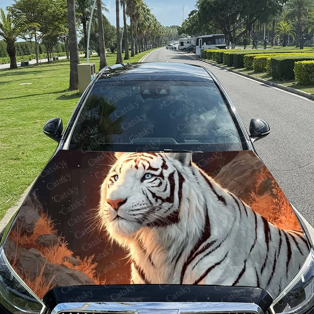 

White Tiger Leopard Car Hood Sticker PVC Self Waterproof Stick, Striking Auto Exterior Accessories Decor Protect Gift for Lover