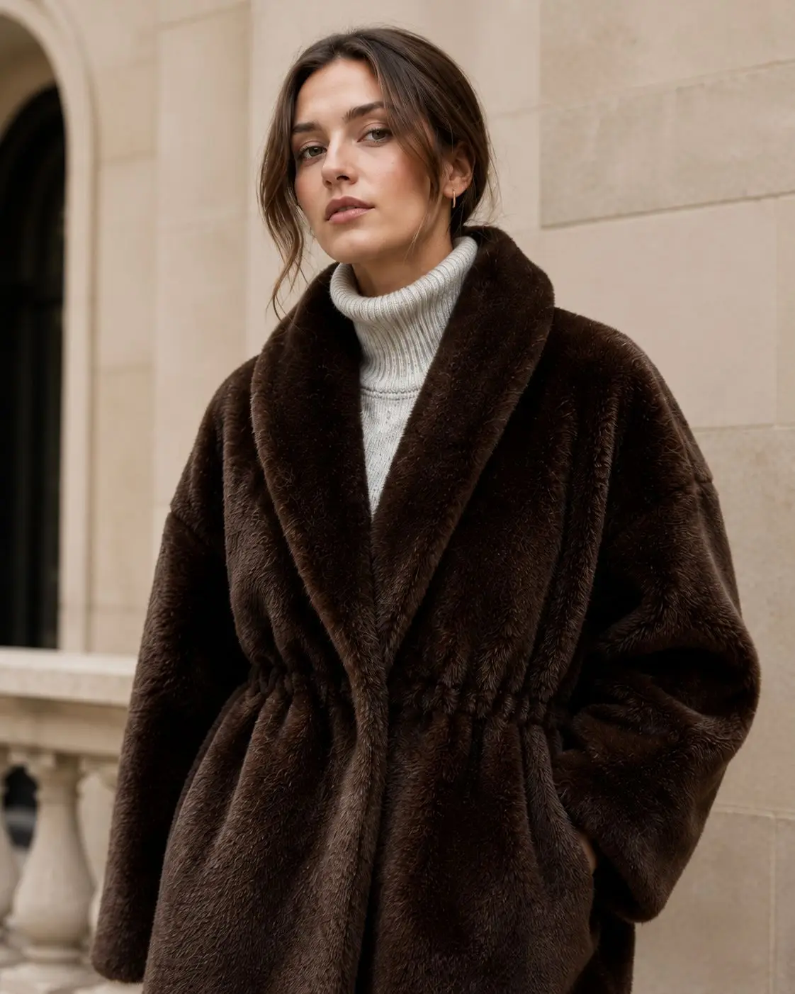 Women Faux Mink Fur Coats Solid Fur Jackets Cotton Linen Turn Down Collar Long Sleeves Single Breasted Cinched Waist 2026 Winter