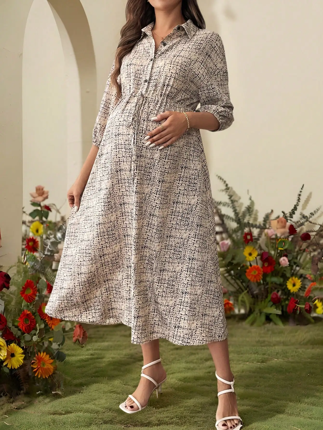 

Платье-рубашка для беременных с рукавами-фонариками и завязками на талии, повседневное, А-силуэта