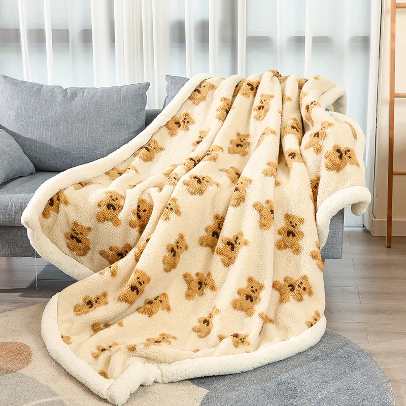 Granular Cashmere Teddy Bear Printed Blanket Lamb Wool Double-layer Warm Cover Quilt Thickened Sofa Blanket Four Season Use