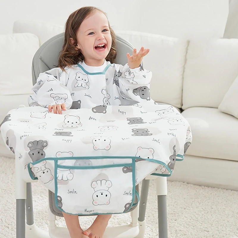 Feeding Bib for Baby Boys Girl 6M-5Y Waterproof Bib Apron Smock with Table Cover Infant Mess-Free Kids Full Coverage Bib image 4
