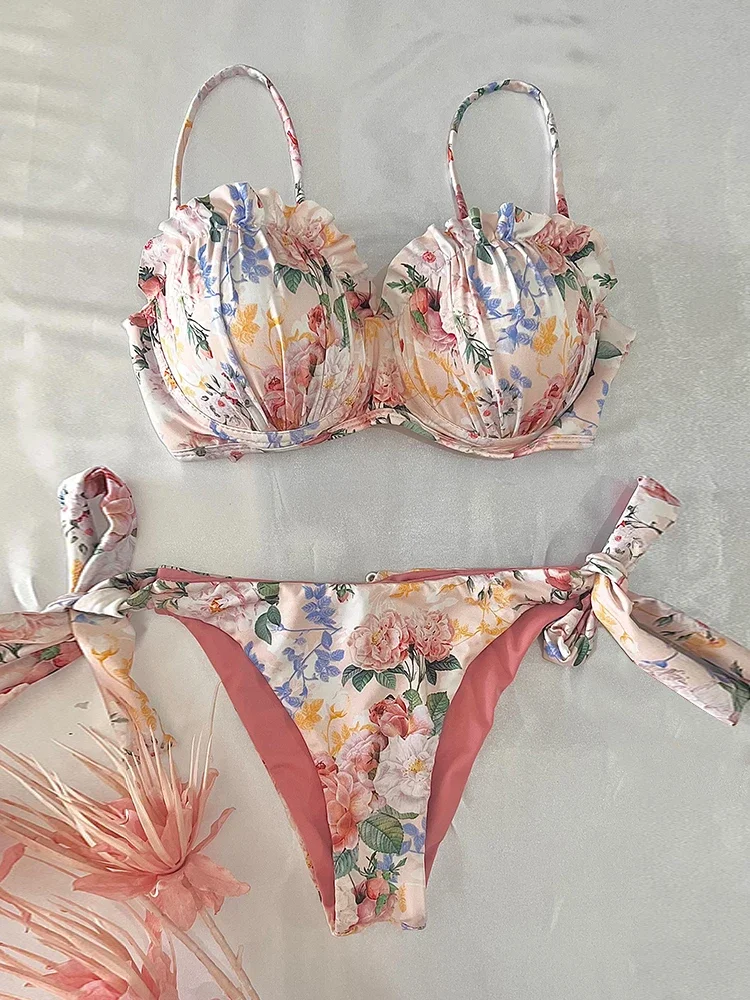 

2025 New Sexy Low Waist Push Up Bikini Set Solid Print Swimwear Women Swimsuit Strappy Ruffle Beachwear Bathing Suit biquini