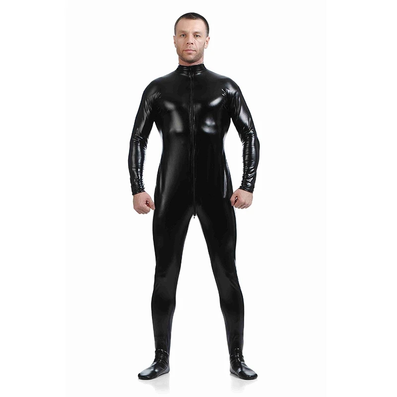 Zentai-Combinaison en latex brillant métallique pour hommes et femmes, collants complets imbibés, fermeture à glissière avant, costume d'Halloween, fête de carnaval, enfant, adulte