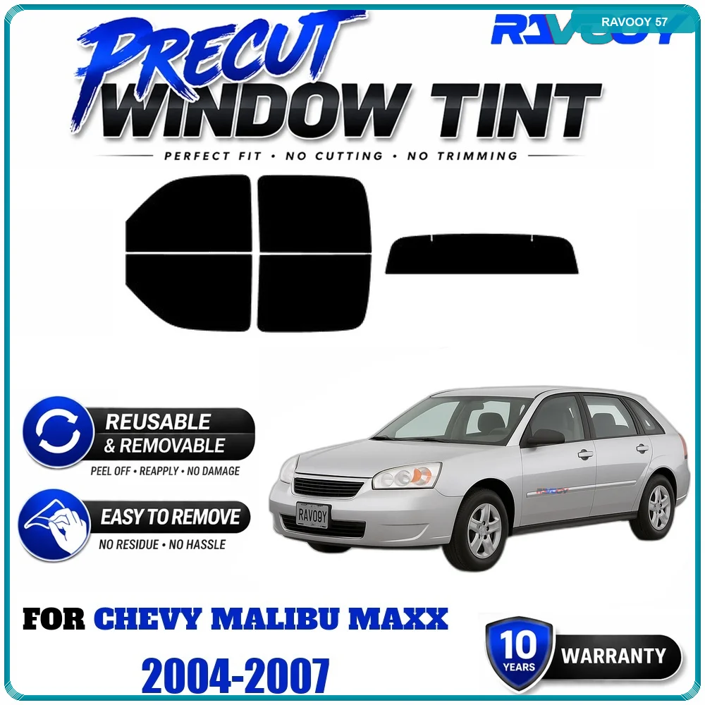 RAVOOY Precut Window Tint, Reusable Removable EPU Film, Custom Fit for Chevy Malibu Maxx 2004-2007, UV Heat Protection