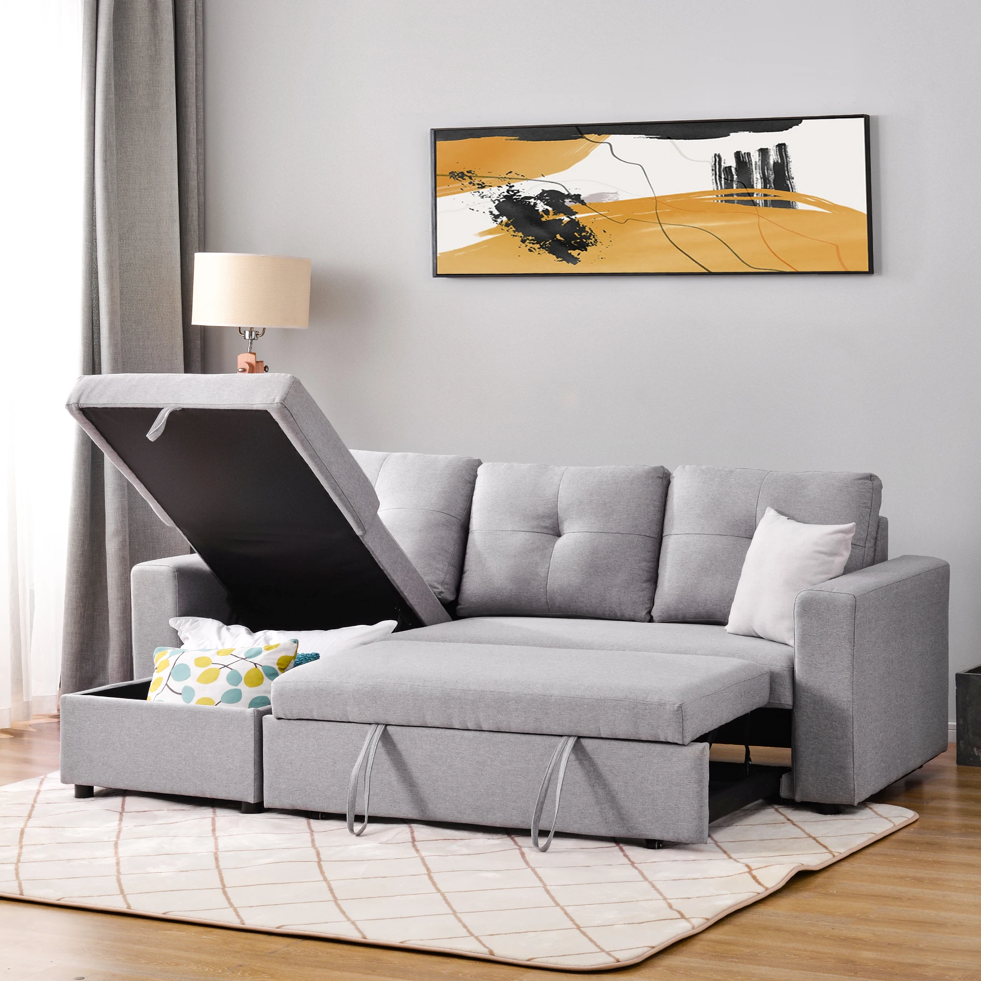Modern Living Room Sofa Cum Bed Convertible Bed Armchair L Shape Corner Pull Out Sofa Bed Manufacturer Supplier with Storage view 2