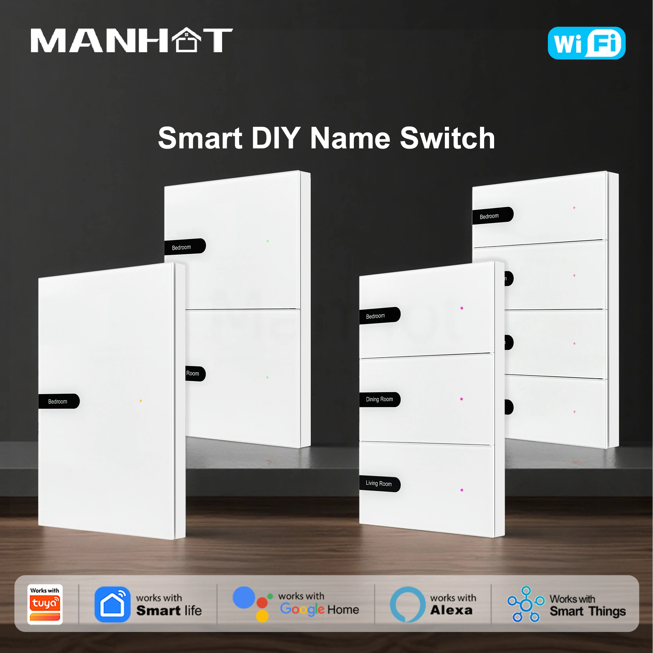 MANHOT WiFi Smart Switch Skin‑Feel Glass Panel DIY Name Push Button Switch With Radar Sensing Work With Tuya Alexa Google Home
