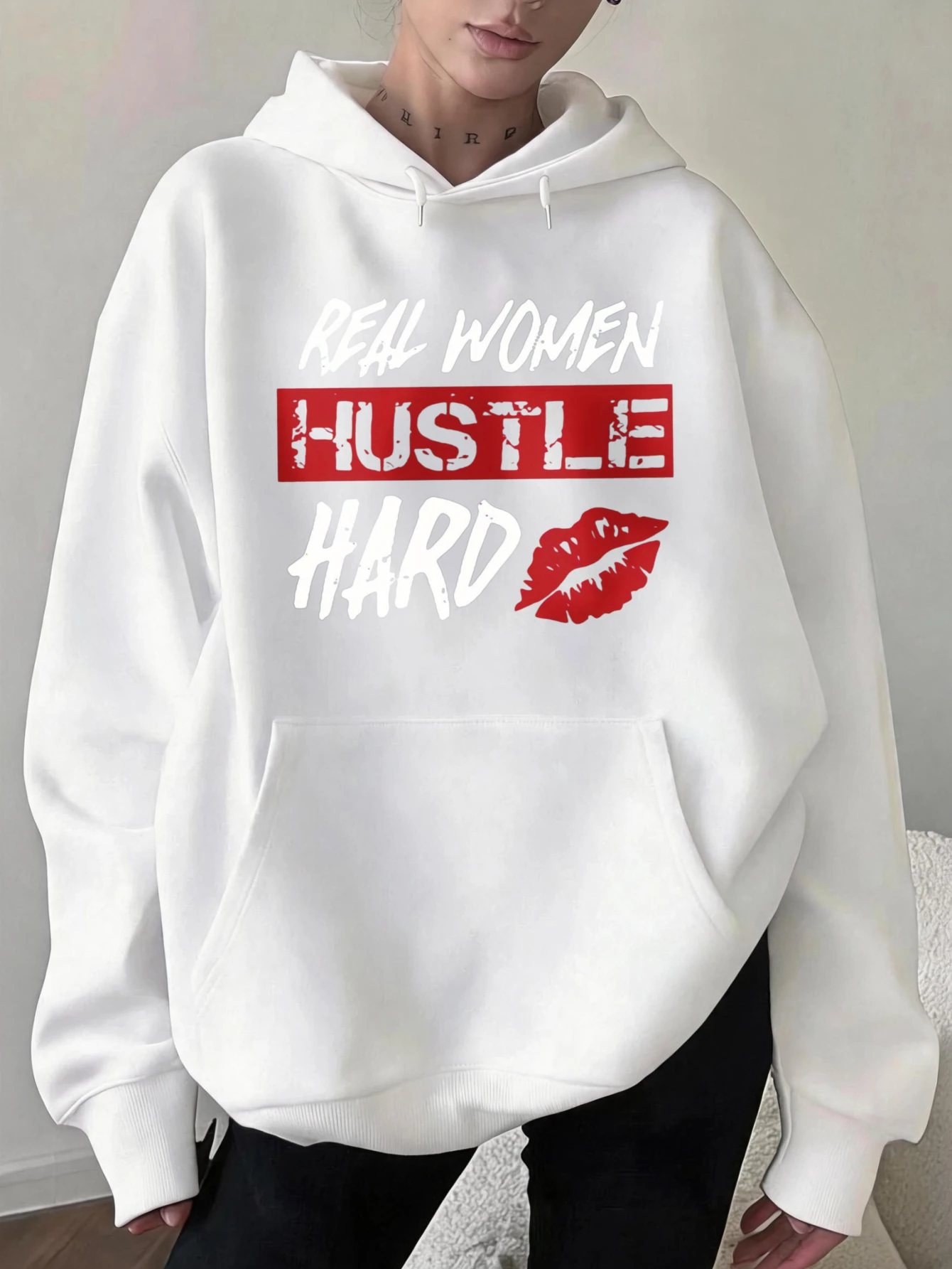Plus Size Women Back to School Hoodie Casual Drop Shoulder Drawstring Hooded Pullover for Student Daily Real Women Hustle Hard Lip Print Graphic Streetwear Autumn Winter New Fall Arrival Multiple Colors Available
