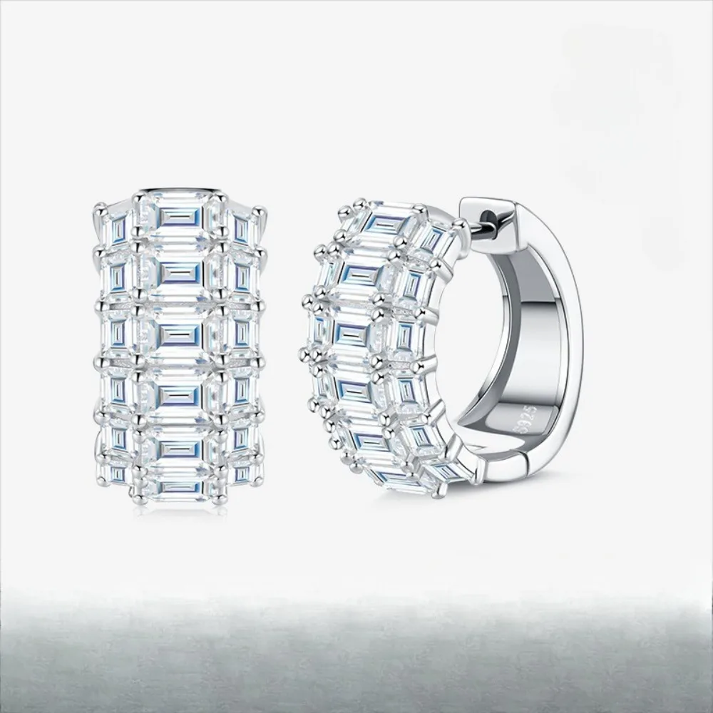 925 Silver Baguette Cut Moissanite Hoop Earrings Women Fine Jewelry White Gold Diamond Huggie Circle Earrings Pass Tester Gift