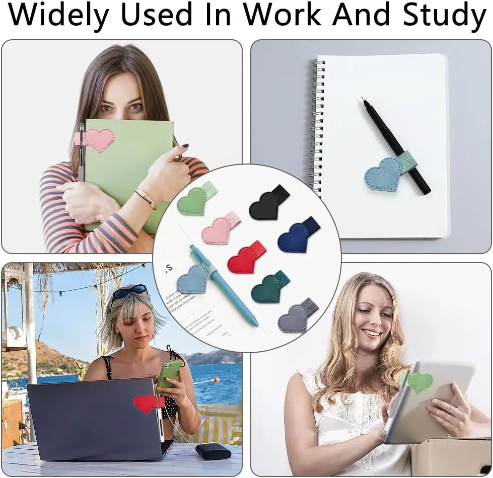 2 Buah Set Tempat Pena Bentuk Hati - Tempat Pena Elastis Berperekat Warna-warni untuk Buku Catatan, Tablet, Alkitab - Tempat Pensil Lucu