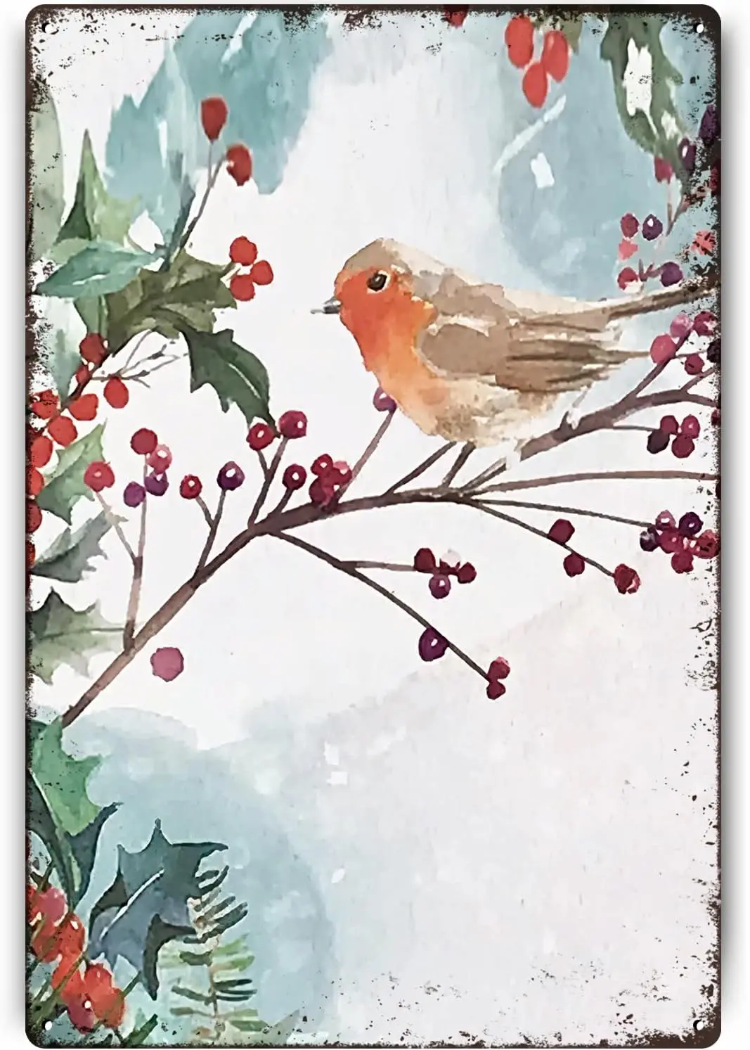 Znzd Tin Signs Vintage, Watercolor Bird Red Berry Branches Tin Signs,Snowy Forest Themed Wall Decor Painting for Farmhouse Livin