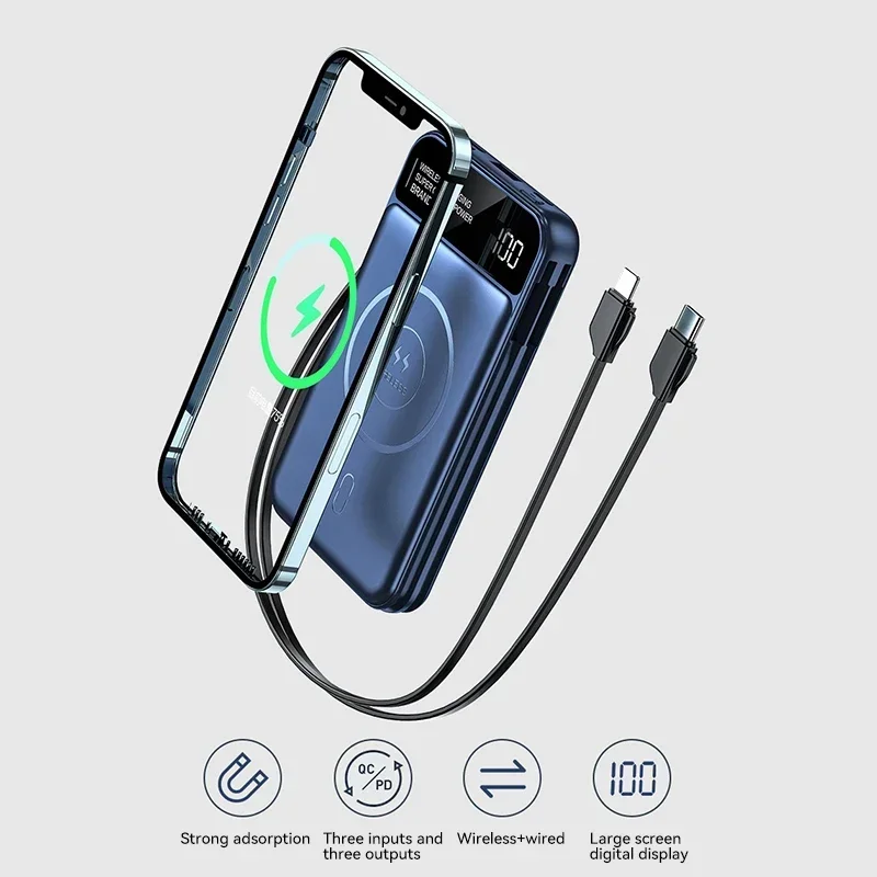 20000mAh For IPhone Xiaomi Fast Charging Magnetic  Portable Power Bank Wireless Charging Power Display with Detachable Cable