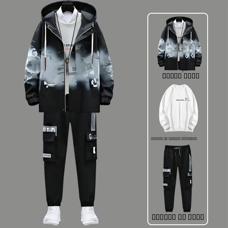 

Молодежный весенне-осенний мужской спортивный костюм: тонкая куртка на молнии и брюки, однотонный комплект для студентов