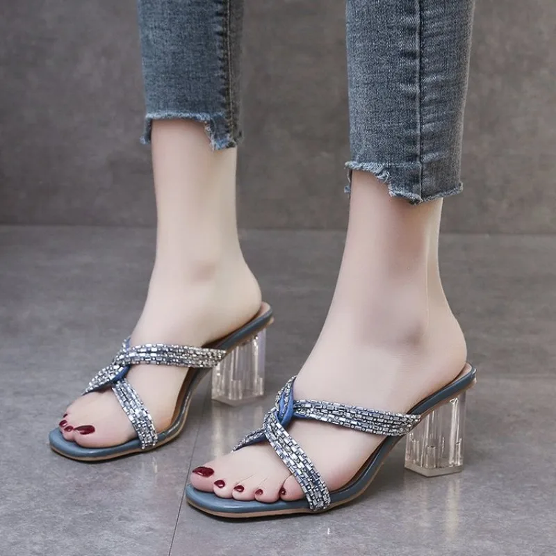 

2026 Summer square head open toe high heels sandals Fashion crystal beautiful casual light Slippers