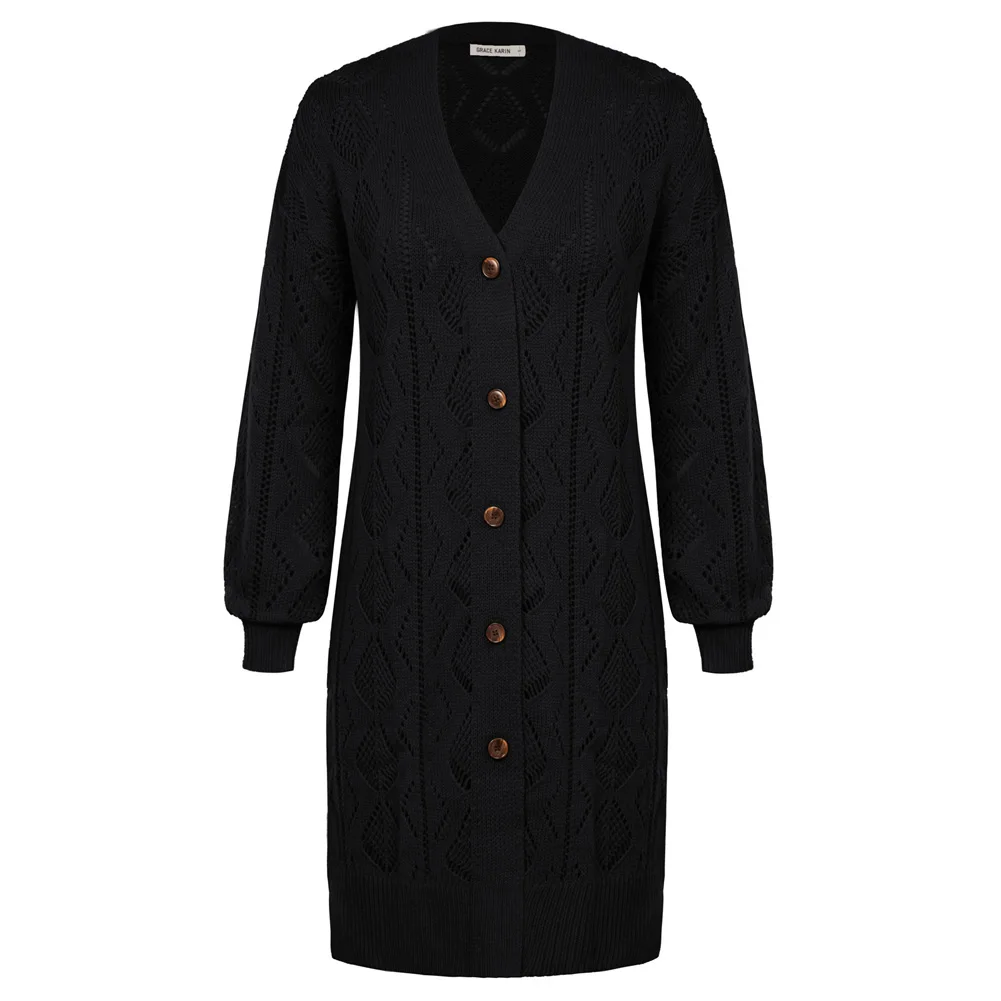 GK Women Winter Warm Hollowed Out Long Sleeve Cardigan Side Slit Mid-Thigh Length Button Up Sweater Female Slim Fit Sweater