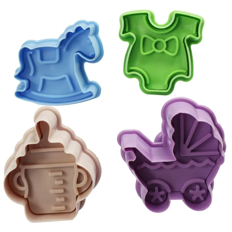 4pcs Baby Toys 3D Baby Stroller Trojan Horse Bottle Shape Cookies Mold Biscuit Stamp Gift Toast Mold Fondant Decorating Tools