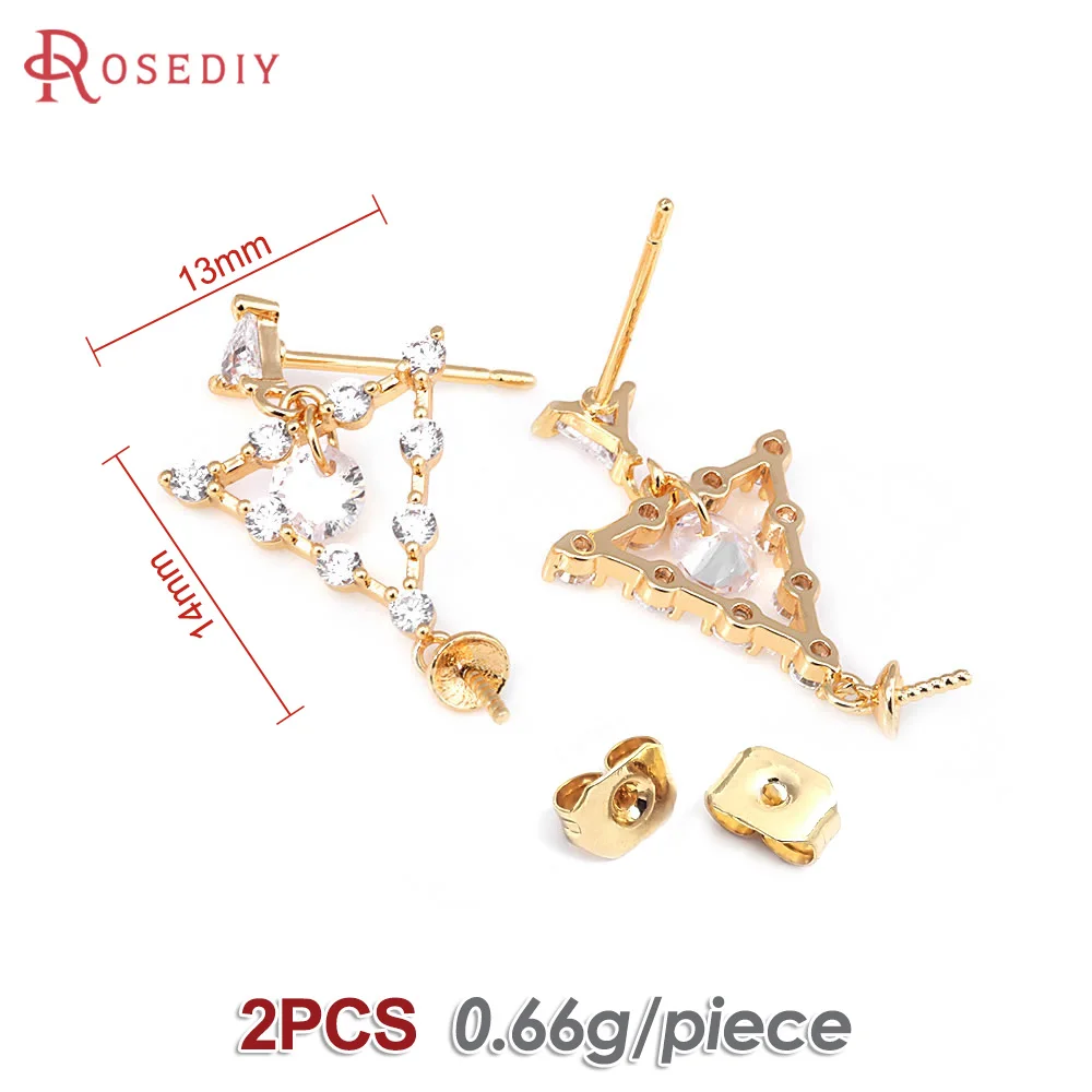 2PCS 18K Gold Color Brass and Zircon Triangle Stud Earrings Pins Earrings High Quality Diy Jewelry Making Accessories for Women