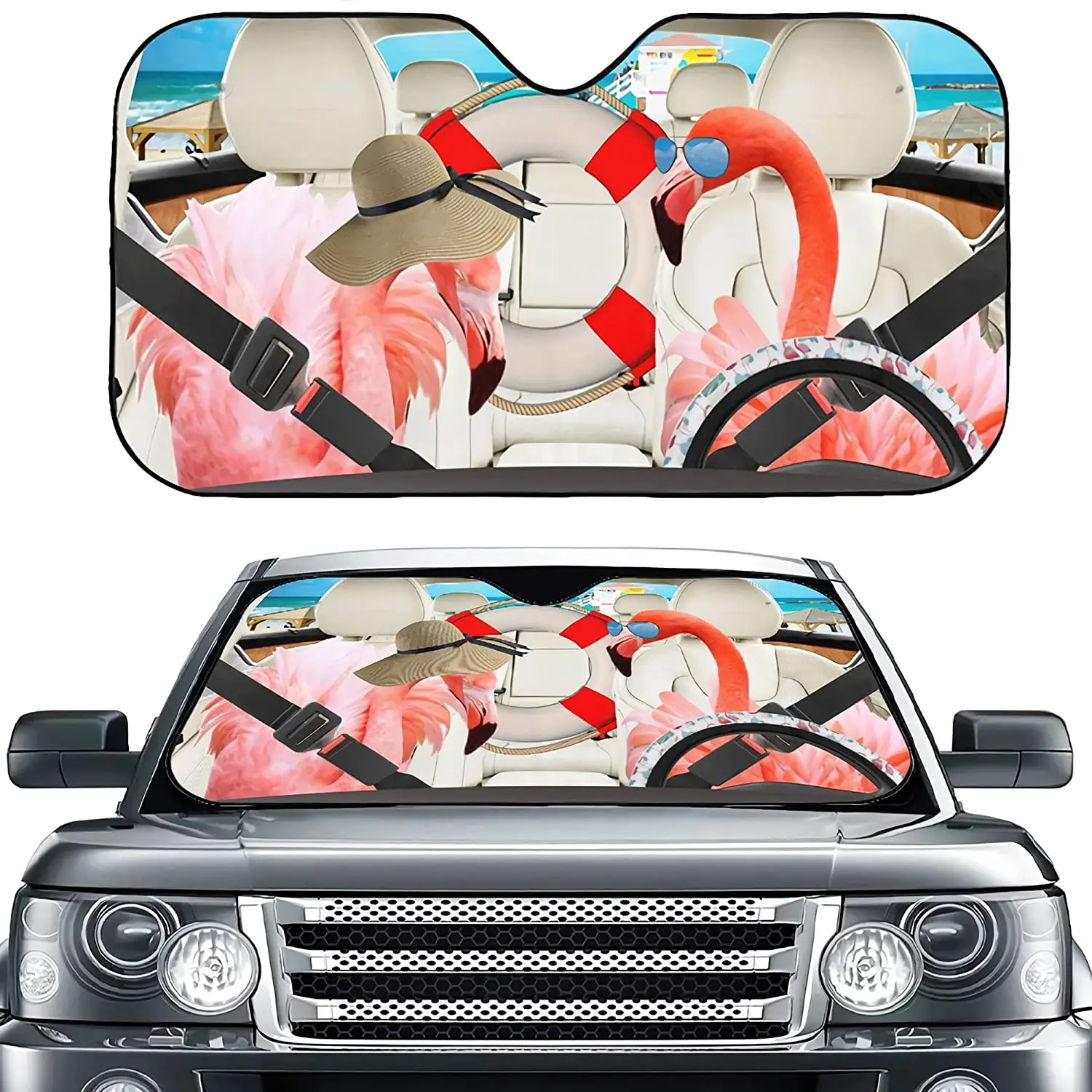 

Flamingo drive windshield sun shade Funny animals foldable car sun shade windshield reflective sunshade for most car, SUVs