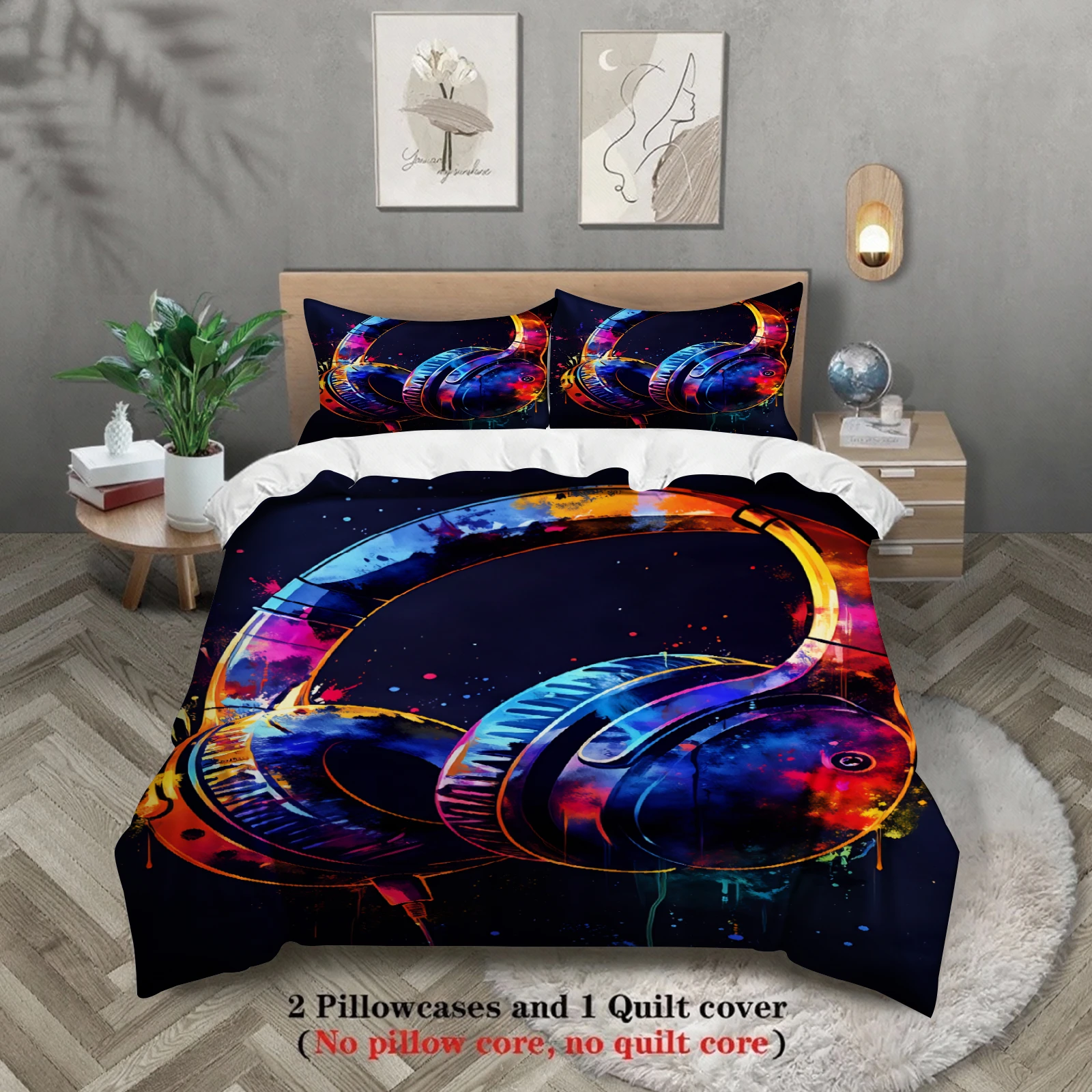 3pcs Headphones Bedding Sets 3D Printed Colorful Music Pattern Duvet Cover Sets With Pillowcases No Filling Single Queen Size