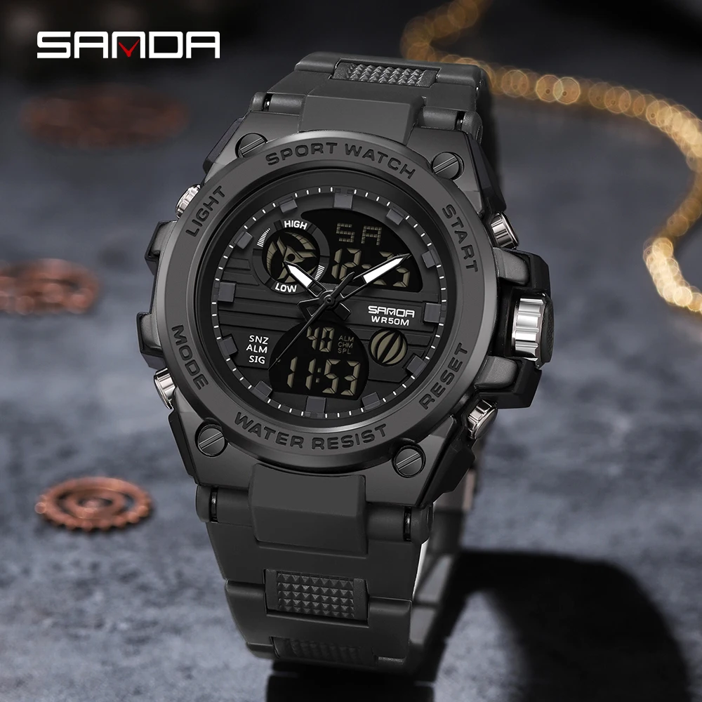 SANDA 2023 Sports Military Men's Watches Dual Display Analog Digital Quartz Wristwatches 50M Waterproof Relogios Masculino 9011