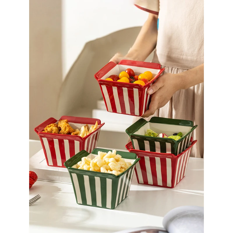 Creative Ceramic Bowl Square Household Food Container Afternoon Tea Popcorn French Fries Chicken Dessert Bowls Kitchen Supplies