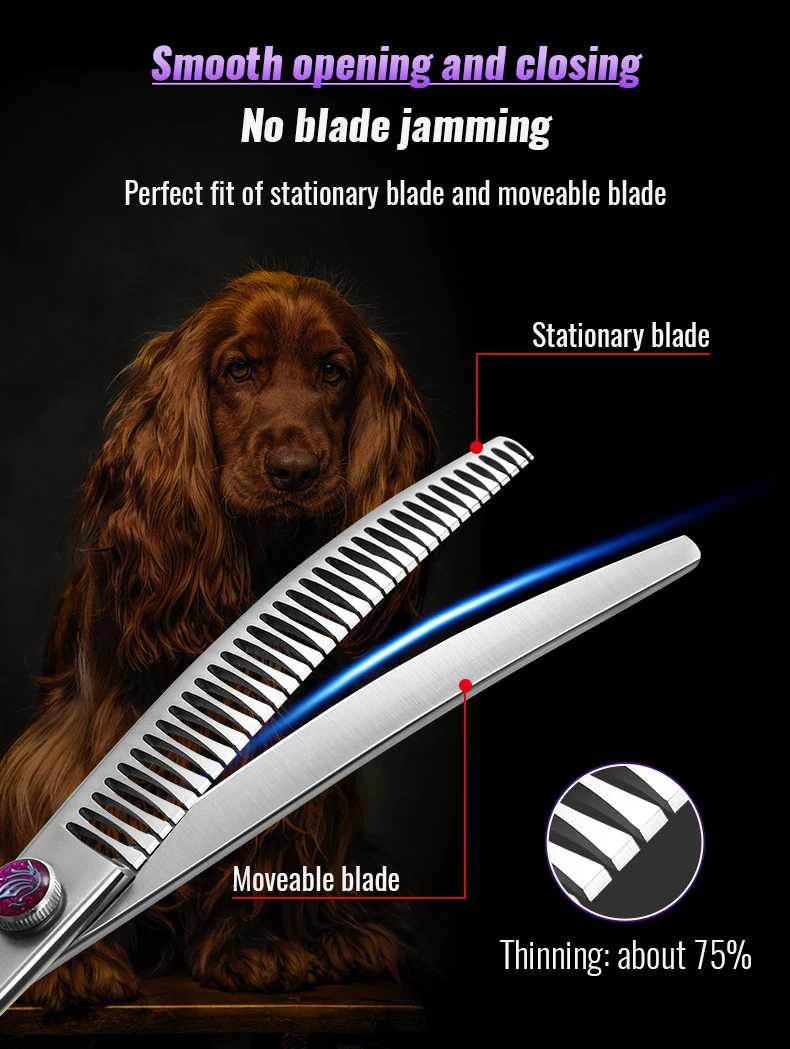 Fenice 7,0/7,5/8,0 Zoll Professionelle Tierpflegeschere Fishbone Zähne Gerade/Gebogene Chunker Schere JP440C Groomer Werkzeuge – Detail 5