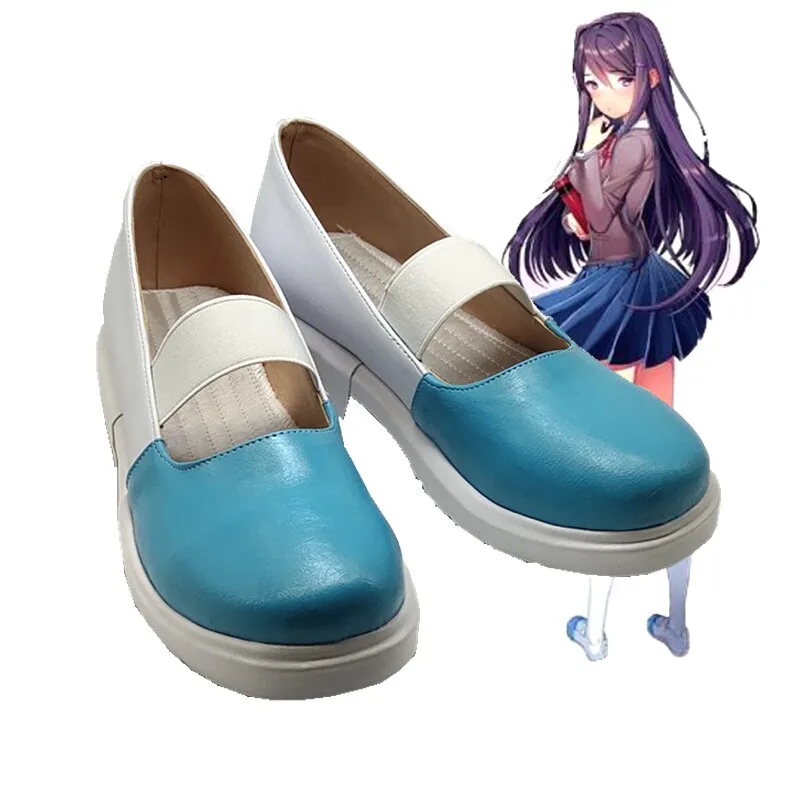 Anime Doki Doki Literature Club! Natsuki‌ Cosplay Shoes Light Blue Short PU Leather Boots For Halloween Carnival