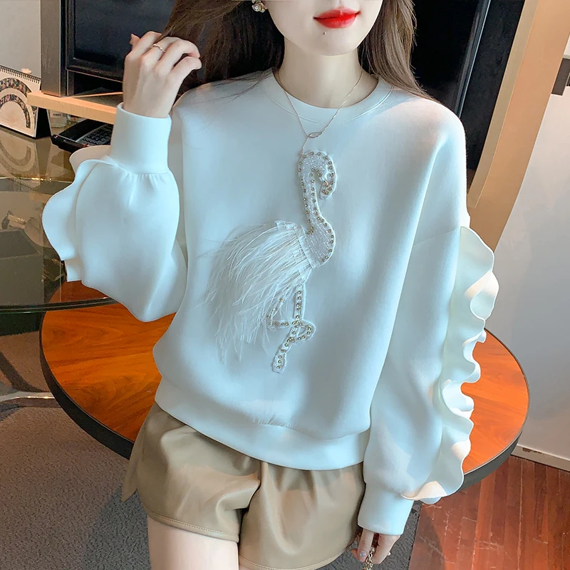 Harajuku Kawaii Hoodies Sweet Ruffles Sweatshirt Women Diamond Feathered Tassel Cartoon Pullover Tops Y2k Girls Cute Sweatshirts