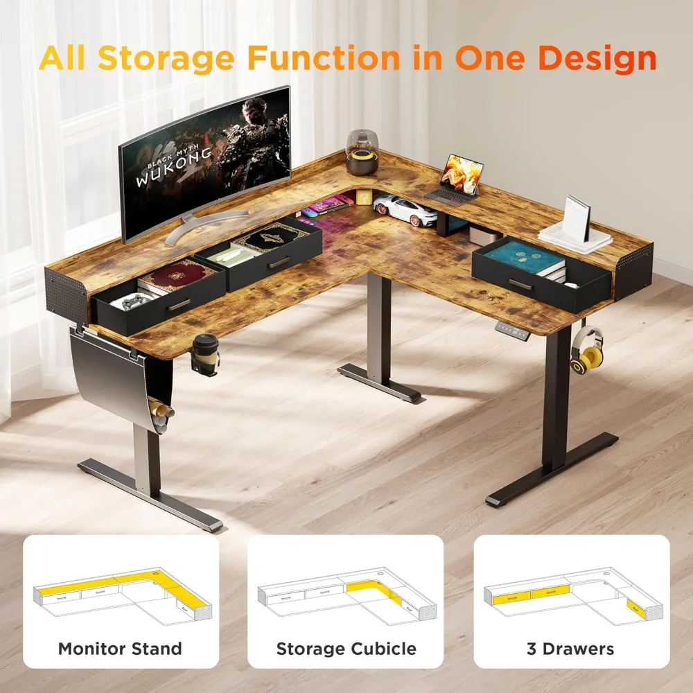 مكتب كهربائي على شكل حرف L قابل للتعديل الارتفاع مع 3 أدراج ورف شاشة ومكتب كمبيوتر زاوية لمحطات العمل في الحامل #4