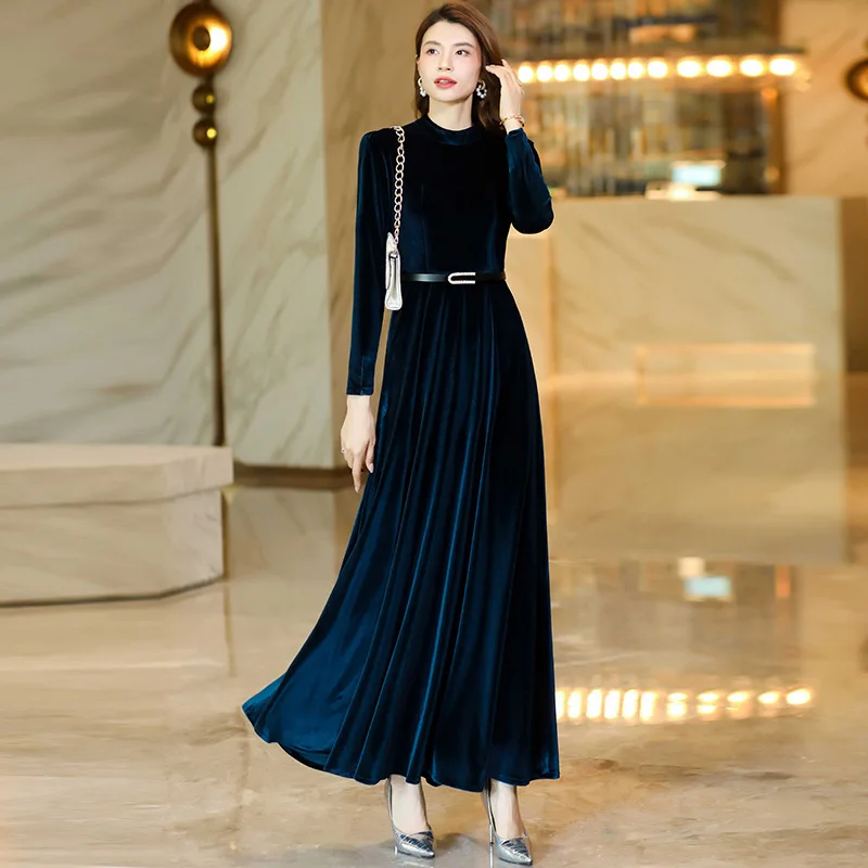 Herfst Winter Woon-werkstijl Afslankende bordeauxrode fluwelen lange jurk Feestdatum Lange mouw Ronde hals Marineblauwe taillejurk