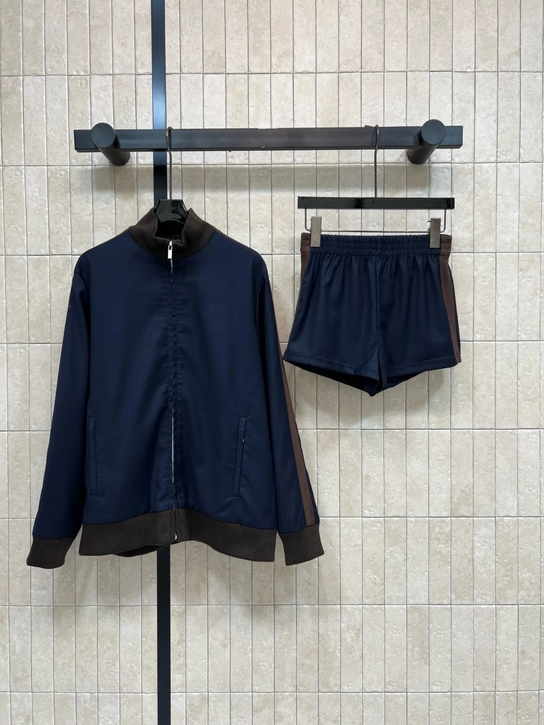 Elegant Navy & Brown Contrast Two-Piece Set Women Wool Blend Cardigan & High Waist Shorts Korean Chic Early Fall