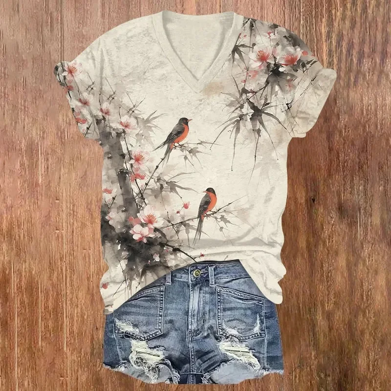 Oriental-Inspired Floral & Bird Print Short Sleeved V-Neck T-Shirt Summer Women's T Shirts