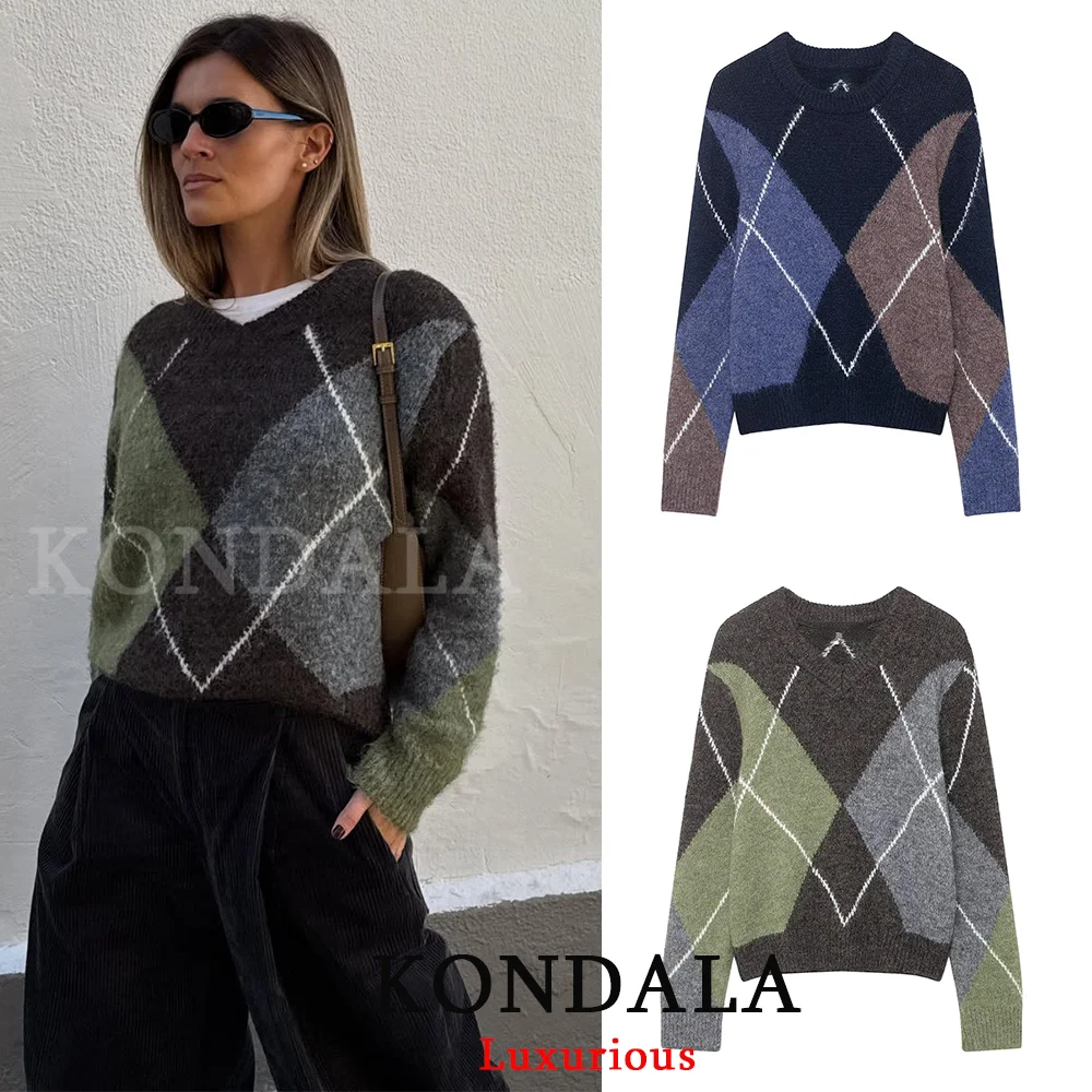 KONDALA Vintage Casual Chic Frauen Pullover Argyle Oansatz Pullover Langarm Gestrickte Pullover Mode 2026 Frühling Mädchen Pullover