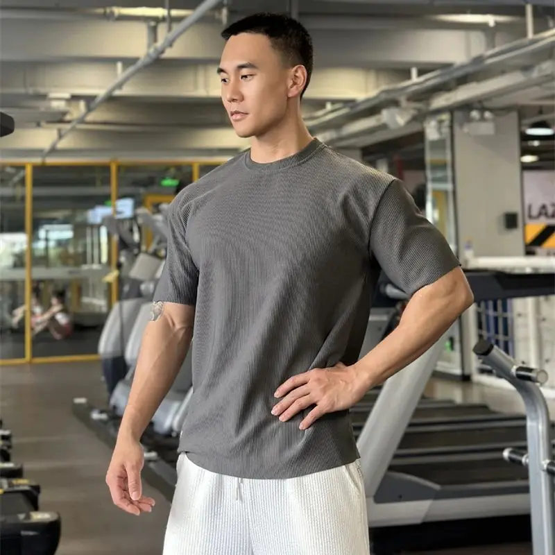 2024 summer new solid color vertical grain casual men's short-sleeved T-shirt top jogger elastic fitness crewneck sportwear