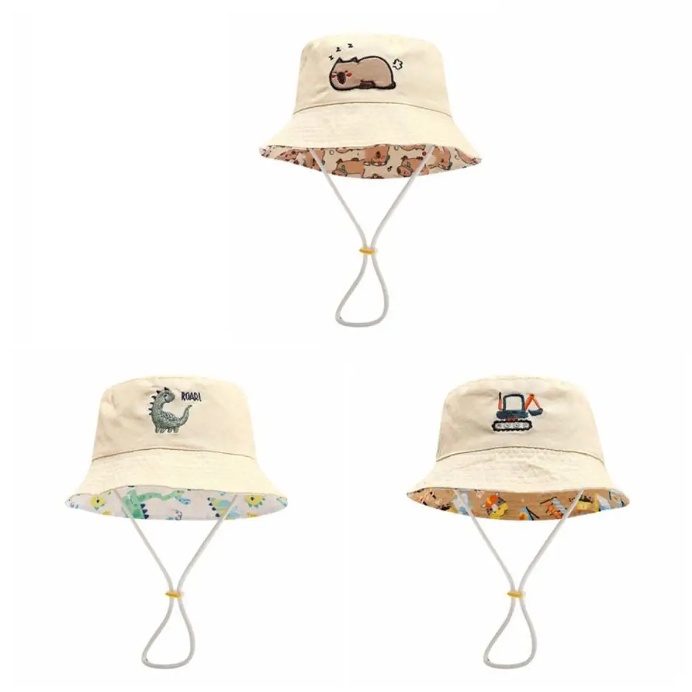 Moda Cartoon Dinosauro Bambini Cappello da pescatore Ricamo Protezione solare Cappello a secchiello Antivento a tesa larga Capybara per bambini Berretto da sole Ragazza