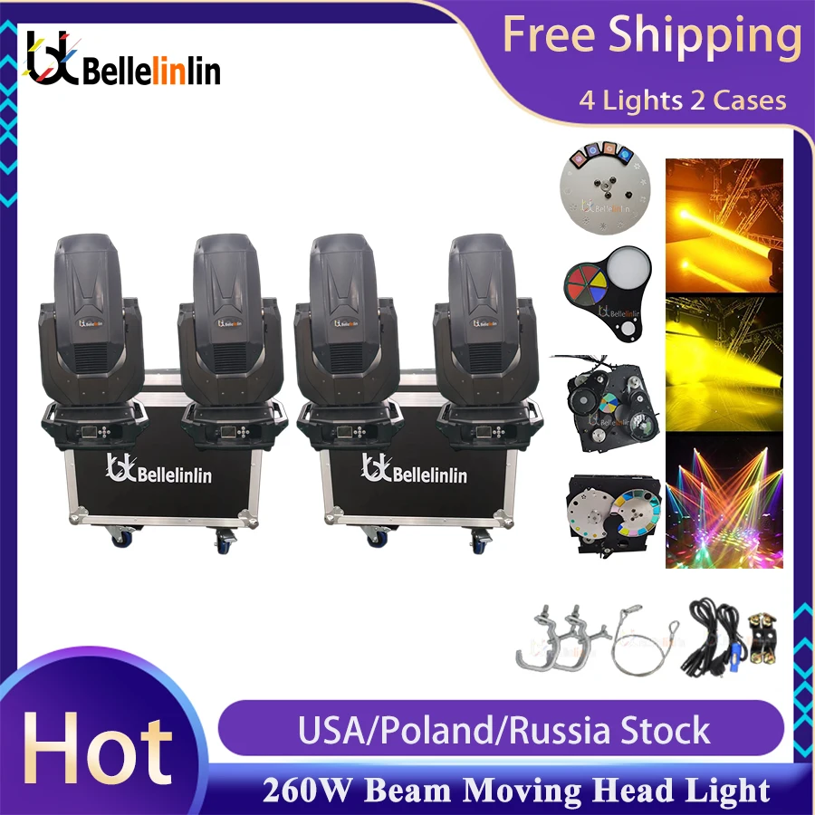 No Tax 4Pcs Beam 260 Sharpy Lyre 10R 260W Beam Moving Head 9R Light DJ Disco Light with Flycase Colorful Prism 8+16+24 prism