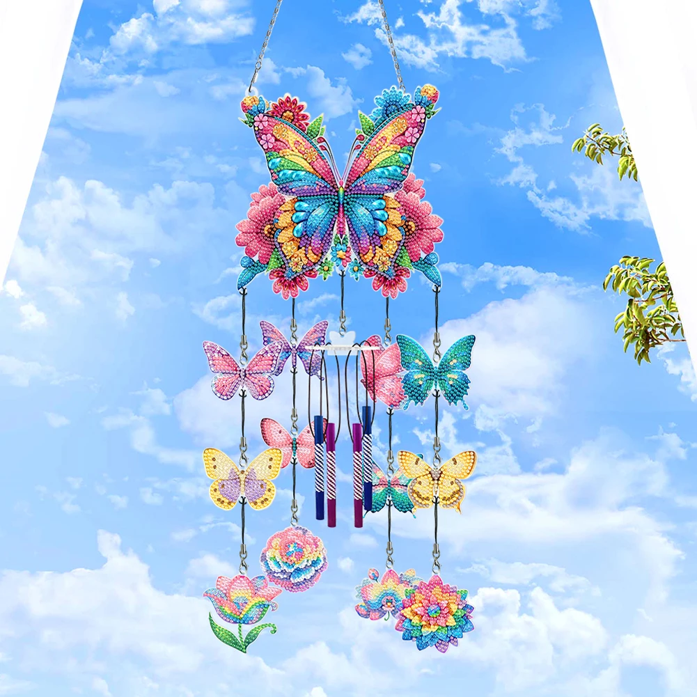 

Butterfly Wind Chime Double Sided Diamond Art Hanging Pendant Diamond Painting Hanging Pendant for Garden Window Decoration