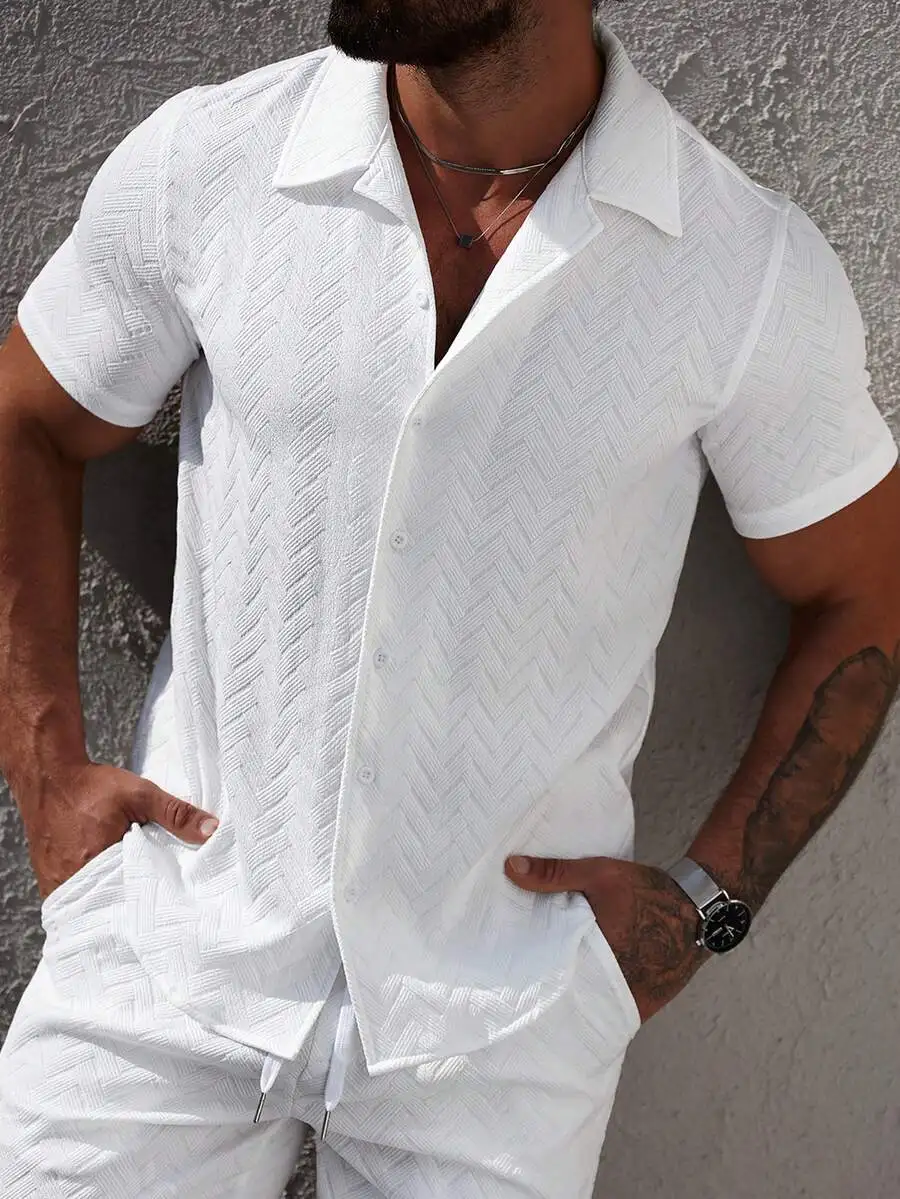 

Men's Short Sleeve Casual Shirt with Chevron Texture, Lightweight Summer Wear