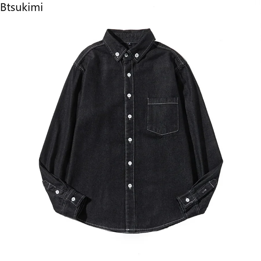 2024 Spring Autumn Korean Shirts for Men Single Breasted Cotton Washed Denim Shirts Causal Long-sleeved Clothes Top Shirts Male