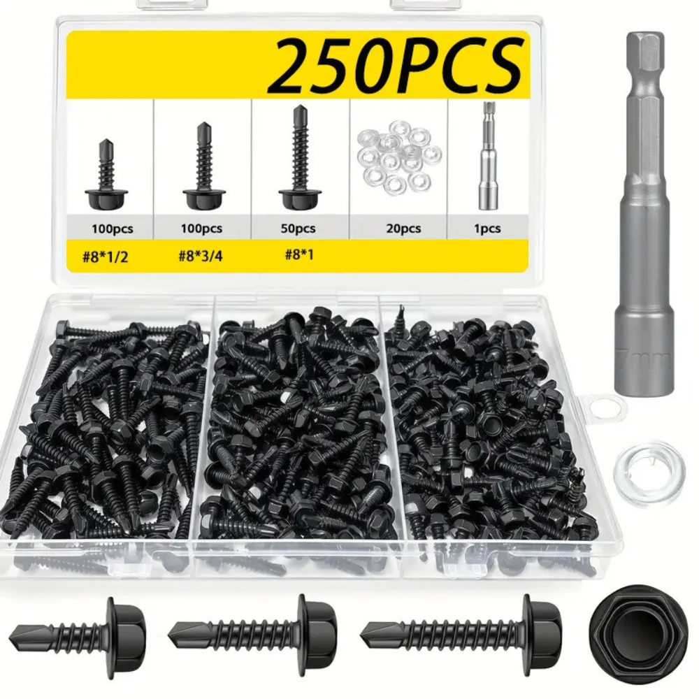 250pcs Black Zinc-plated Screws 410 Stainless Steel Hexagonal Wass Drill Tail Screws Set HRC25 Dovetail Self-tapping Screws Box