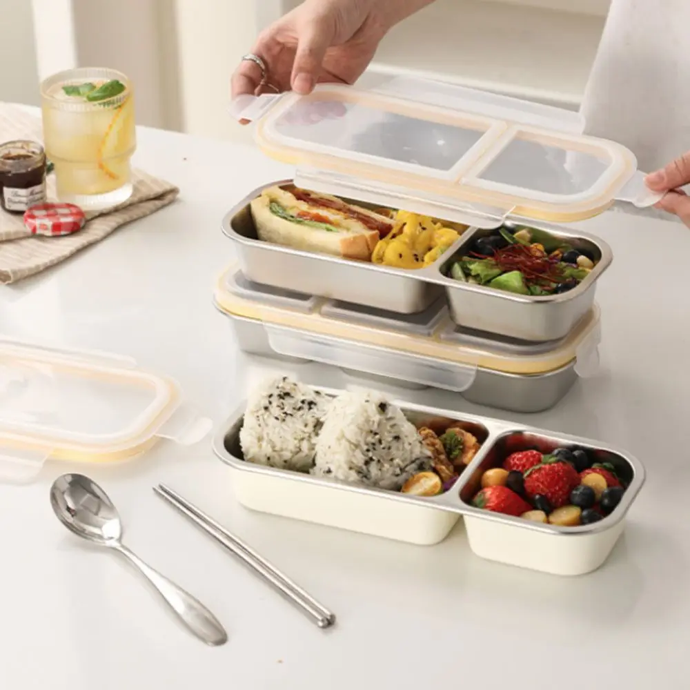 

Fresh-keeping Box Stainless Steel Camping Lunch Box Leak-proof 2/3 Grids Lunch Container Divided Microwavable Snack Box School