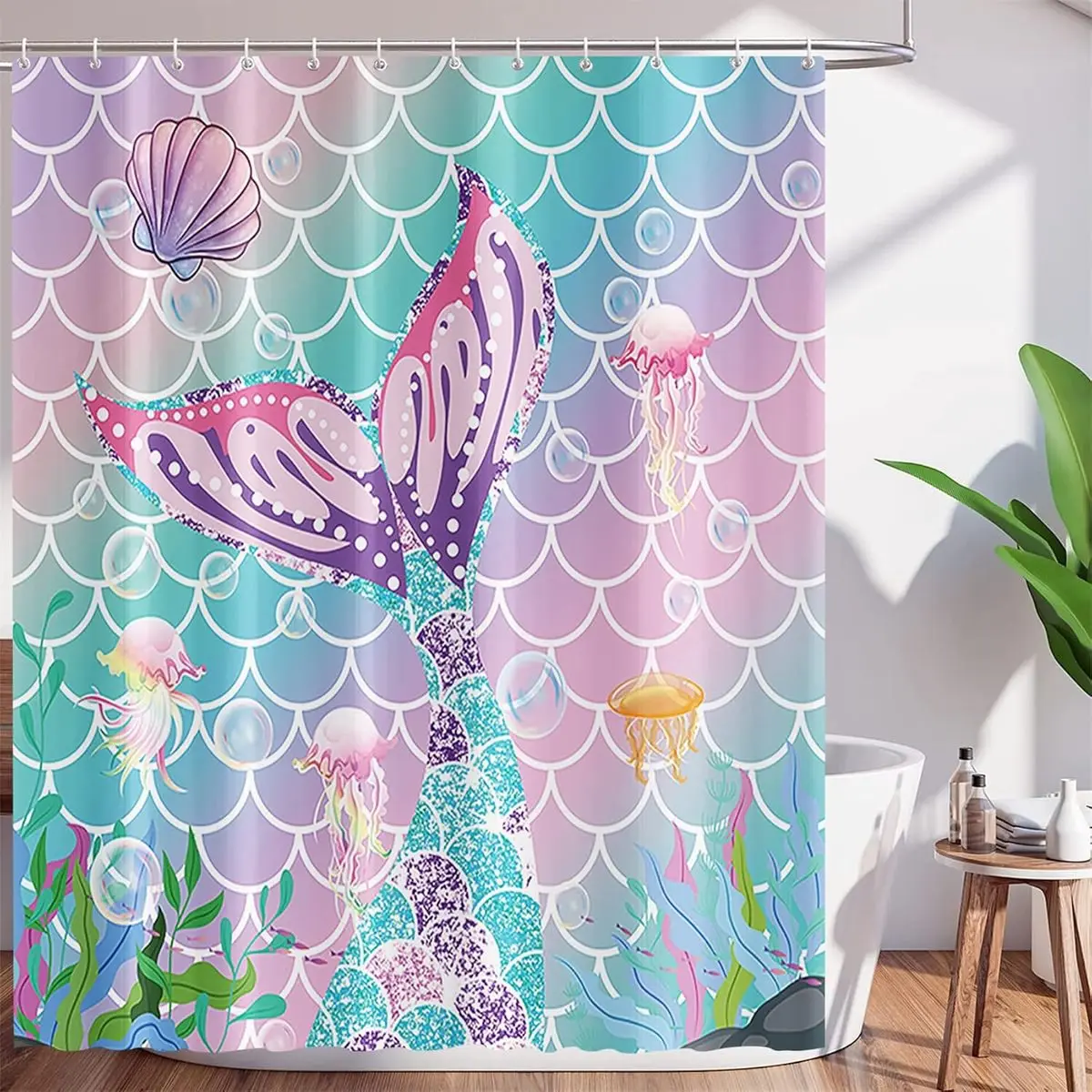 

mermaid tail shower curtain with colorful scales jellyfish and bubbles for magical bathroom decor fantasy ocean art style