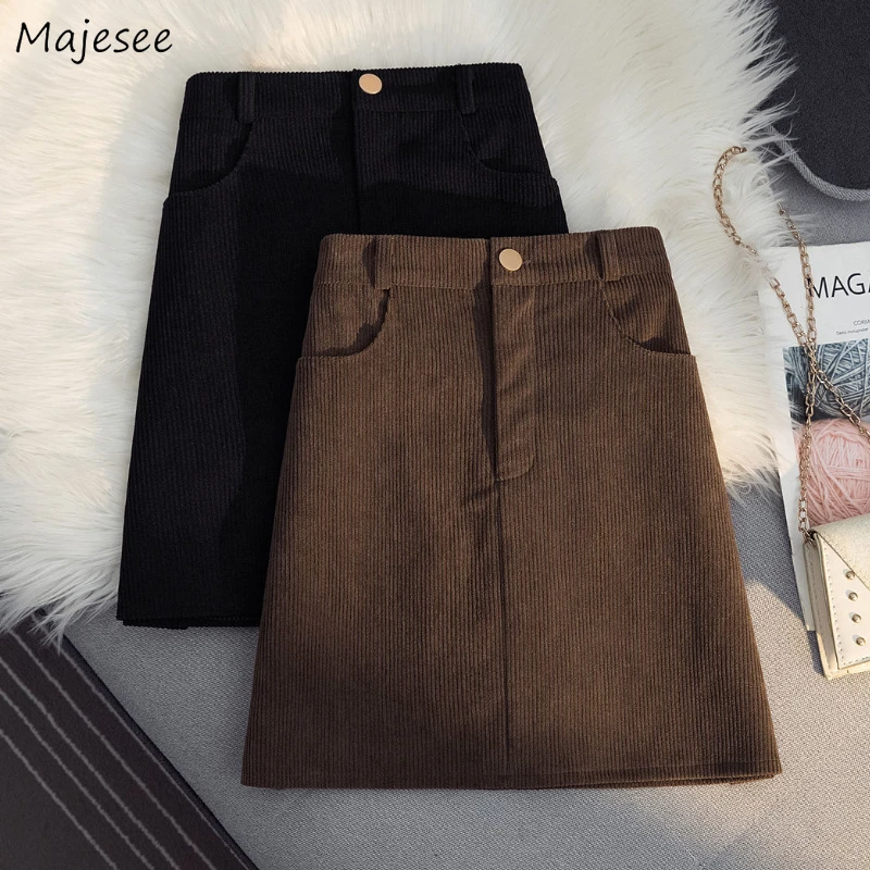 

Women's Vintage Corduroy Mini Skirts Sexy High Waist Autumn Winter College Ulzzang Street Trend Sweet A-line Skirt with Lining