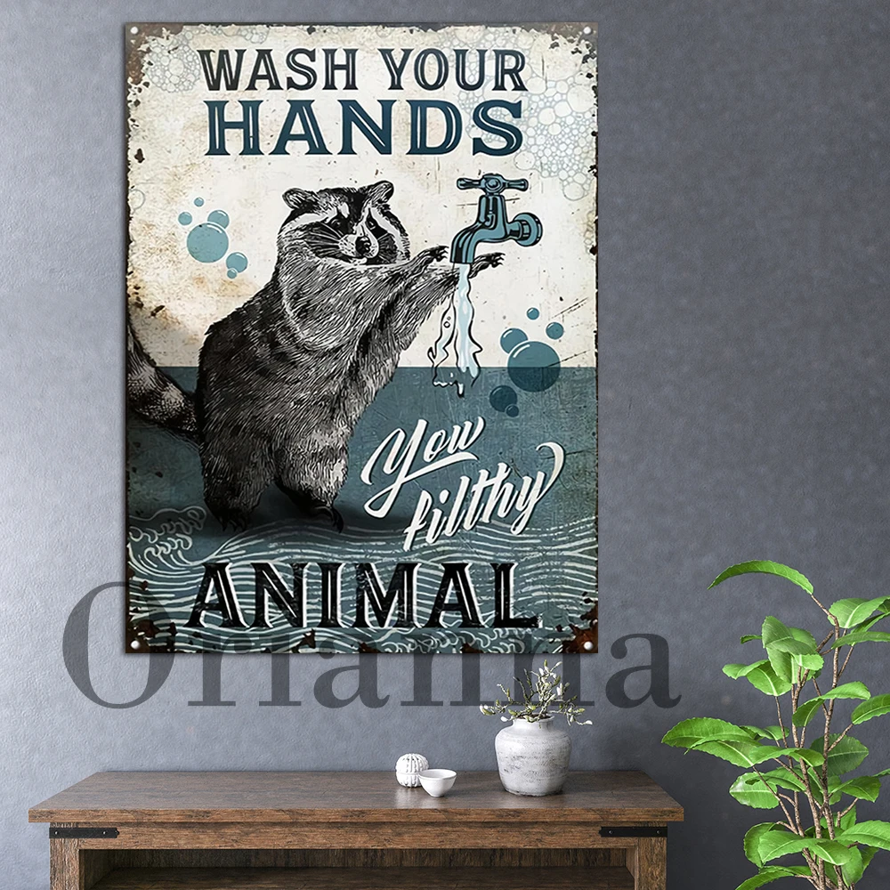 Wash Your Hands You Filthy Animal Bathroom Retro Poster Racoon Bathroom Art, Racoon Canvas Poster, Hd Print Funny Bathroom Signs