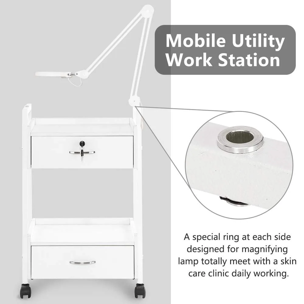 SPA Salon Trolley, White Mobile Storage Cabinet with 2 Drawers, 1 Lockable Trolley for Massage, Tattoo and Facial Care