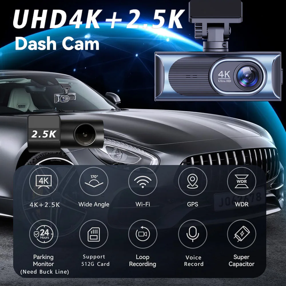 Ultra HD 4K 3840*2160P Dash Cam 24H مراقبة مواقف السيارات DVR اختياري 2.5K للرؤية الليلية كاميرا خلفية GPS WiFi APP التحكم