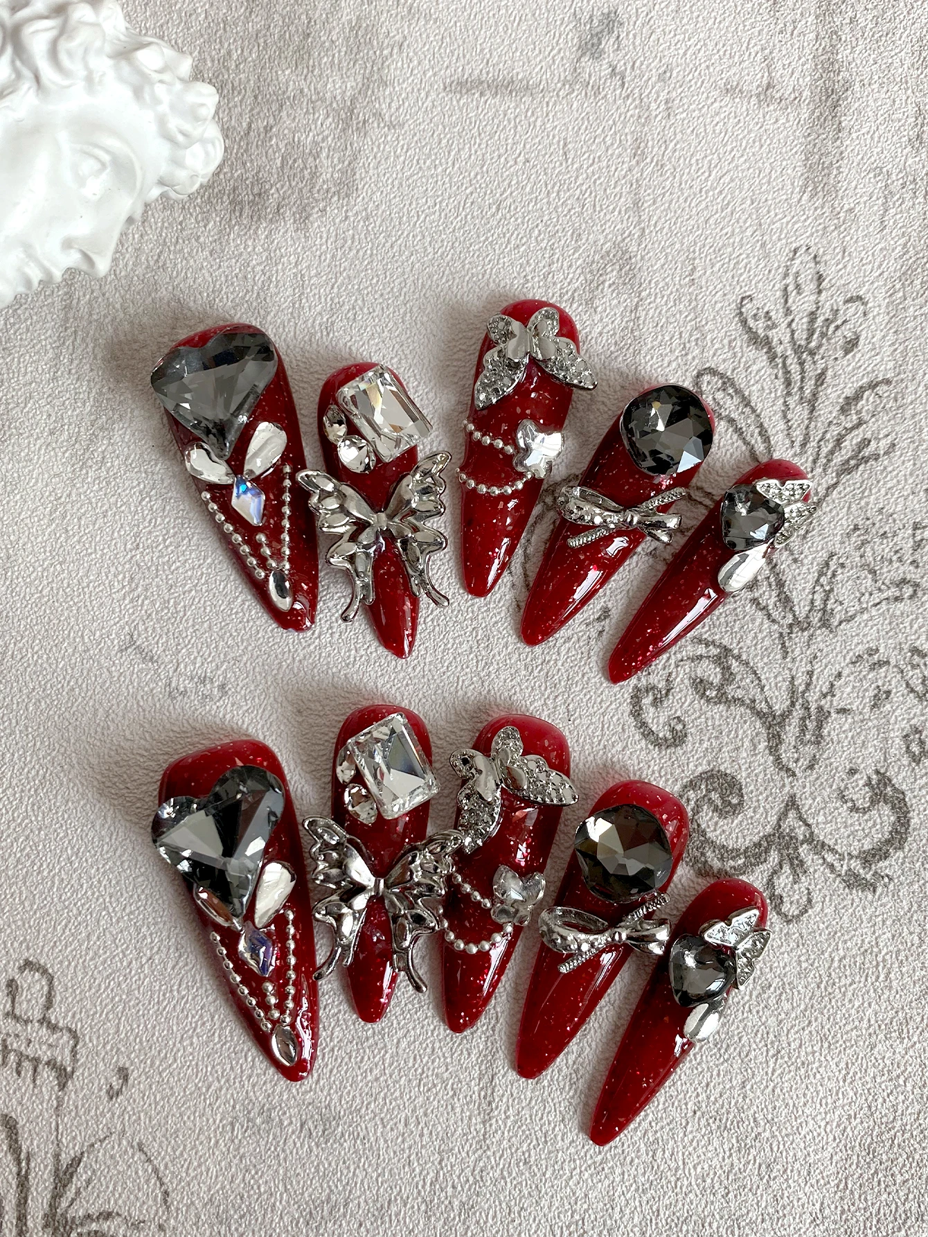 Luxury Dark Red Handcrafted Press‑On Nails, Glitter Finish, 3D Silver Butterfly Ornaments, Big Heart Crystal & Pearl Chain